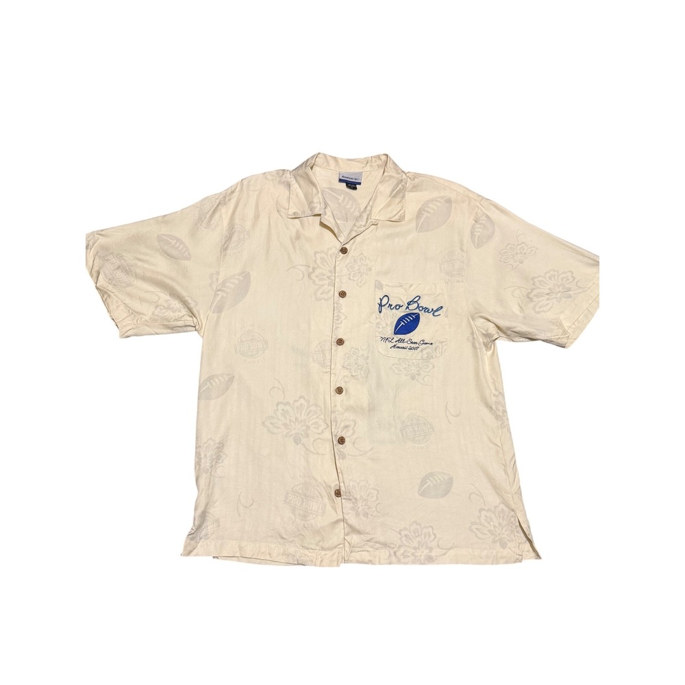 Reebok NFL Pro Bowl Hawaii 2007 Silk Shirt Mens Medium Cream Embroidered Camp
